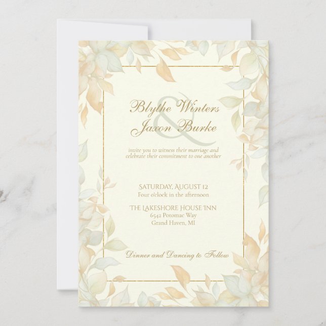 Convite Ivory Gold Leafy Border Botanical Elegant Wedding (Frente)
