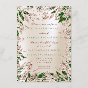 Convite Ivory Green Rose Gold Glitter Folhas Floral Moldur