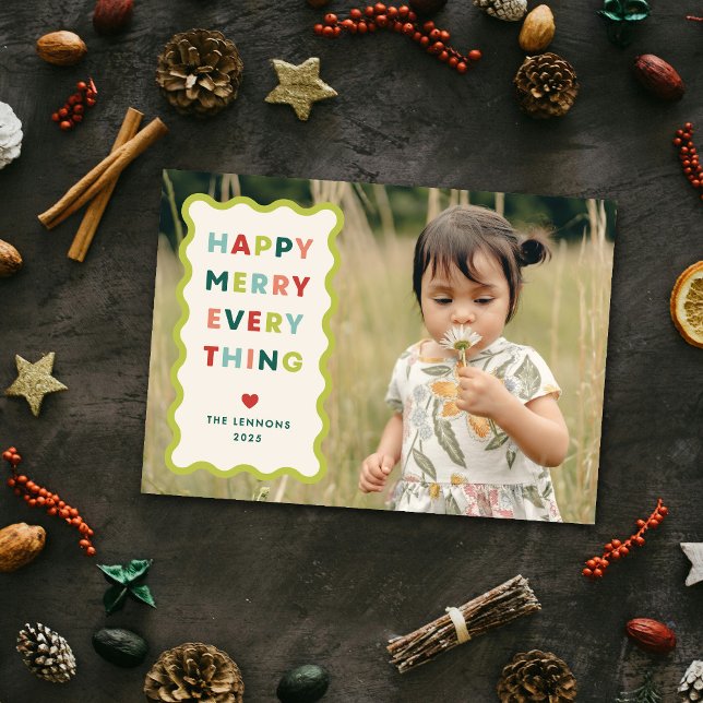 Convite Ivory Happy Merry Wavy Christmas Photo Card (Criador carregado)