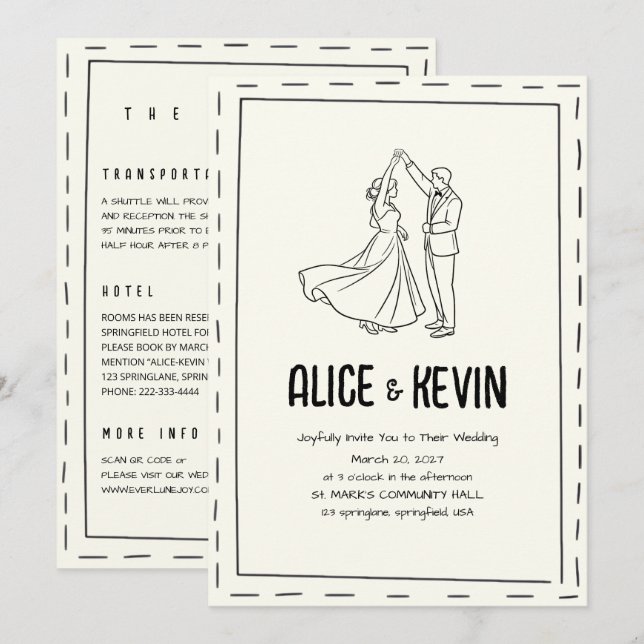 Convite Ivory Illustration Doodle Minimalist QR Wedding  (Frente/Verso)