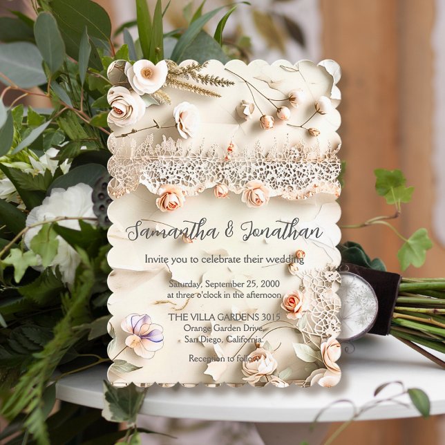 Convite Ivory Lace Floral Photo Romantic Spring Wedding (Criador carregado)