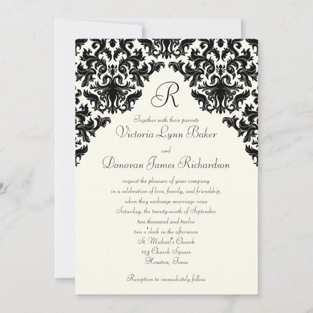 Convite Ivory Linen e Black Damask Monogramas (Frente)