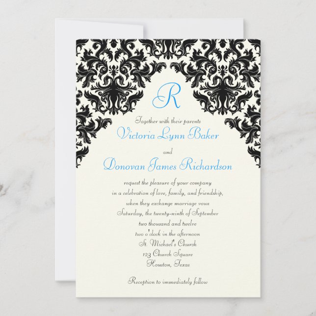 Convite Ivory Linen e Black Damask Monogramas (Frente)