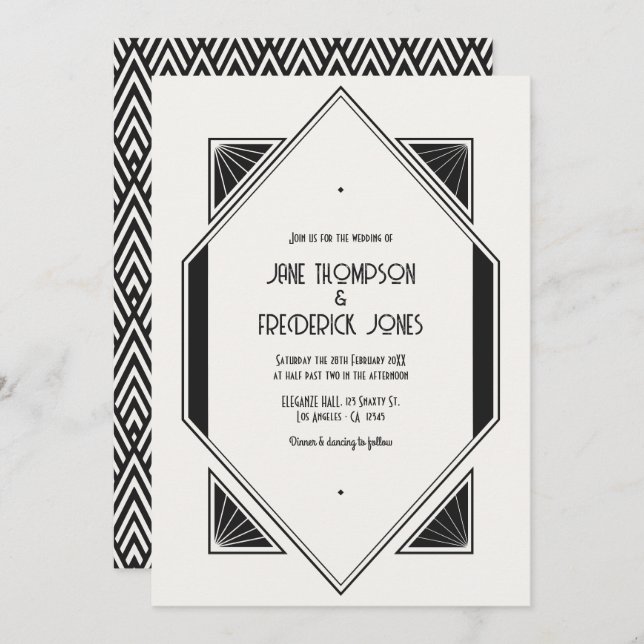 Convite Ivory Linen & Jet Black Art Deco Wedding Photo (Frente/Verso)