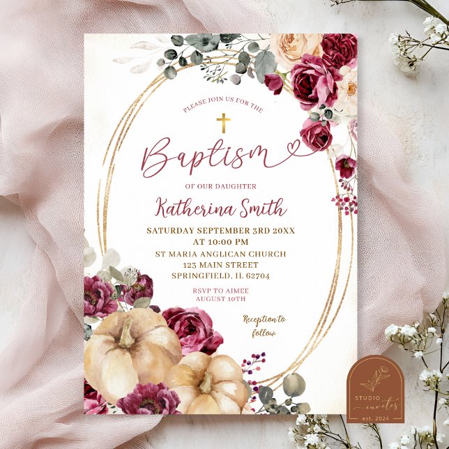 Convite Ivory Marsala Pumpkin Baptism (Criador carregado)