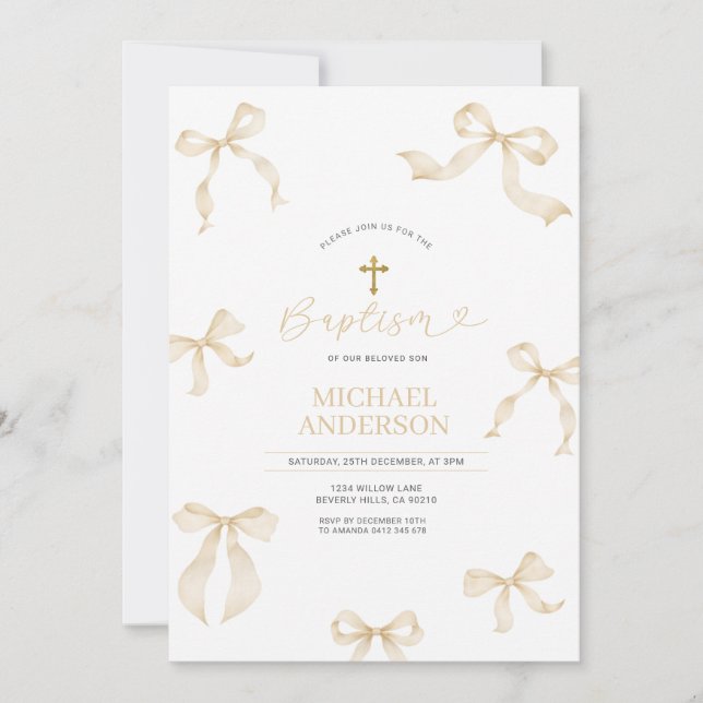Convite Ivory Neutral Bow Christening Invitation (Frente)