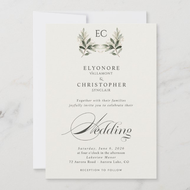 Convite Ivory Olive Branch Monogram Photo Wedding  (Frente)