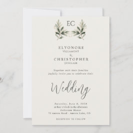 Convite Ivory Olive Branch Monogram Photo Wedding 