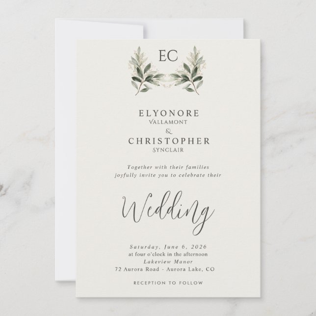 Convite Ivory Olive Branch Monogram Photo Wedding  (Frente)