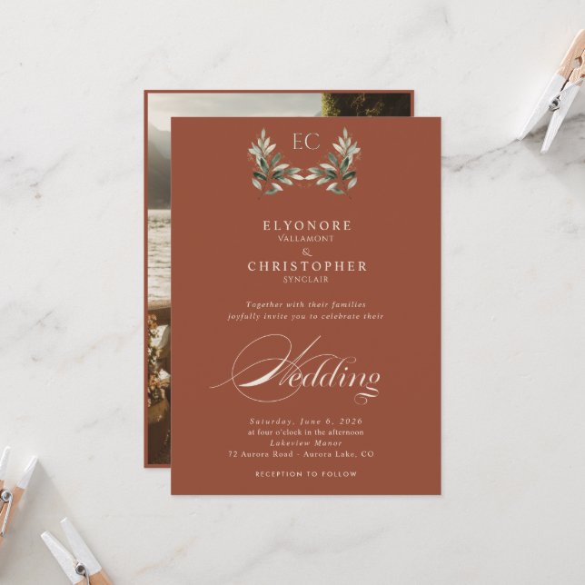 Convite Ivory Olive Branch Monogram Photo Wedding  (Frente/Verso In Situ)