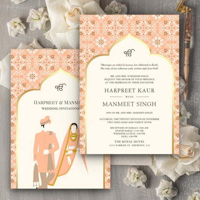 Convite Ivory Peach Pattern Anand Karaj Sikh Wedding (Criador carregado)