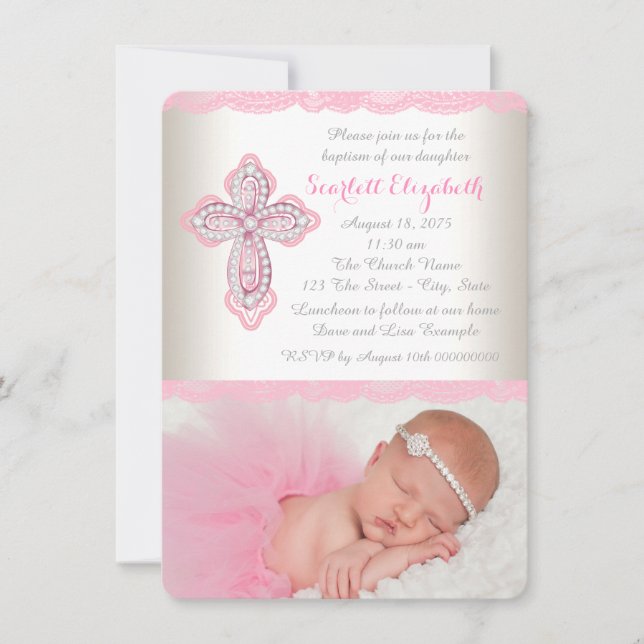 Convite Ivory Pink Lace Diamond Cross Foto Baptism (Frente)