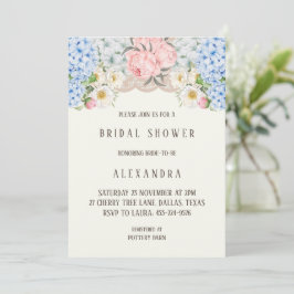 Convite Ivory Pink Peony Blue Hydrangea Bridal Shower 