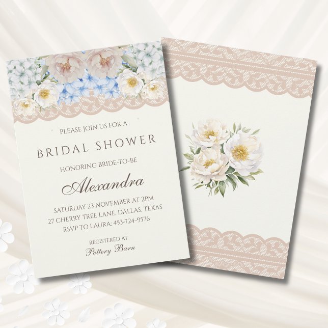 Convite Ivory Pink Peony Blue Hydrangea Bridal Shower (Criador carregado)
