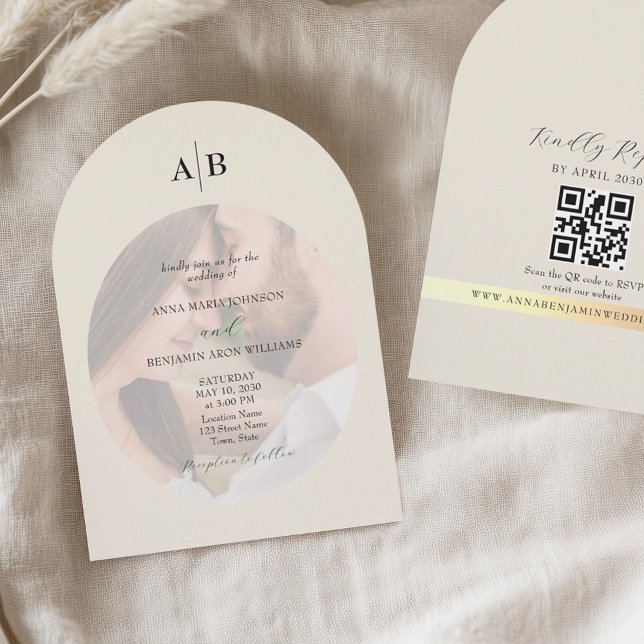 Convite Ivory QR Code and Monogram Photo Wedding (Criador carregado)