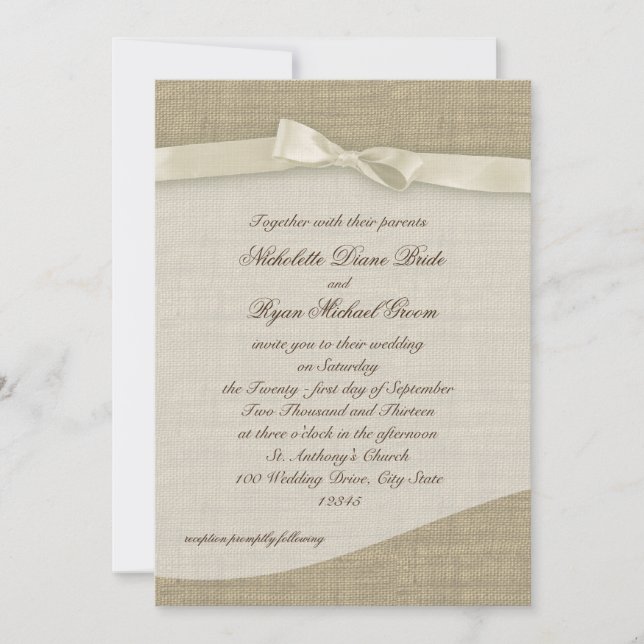 Convite Ivory Ribbon e Burlap Wedding (Frente)