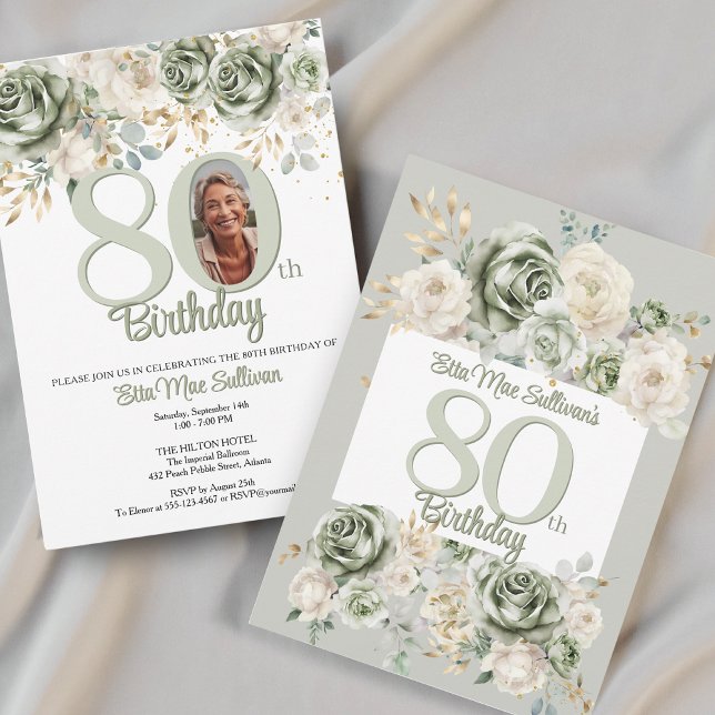 Convite Ivory Sage green Floral border 80th birthday Photo (Criador carregado)