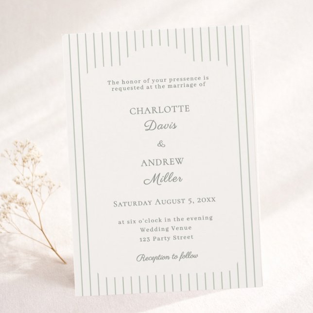 Convite Ivory Sage Green Pinstriped elegant Wedding  (Criador carregado)