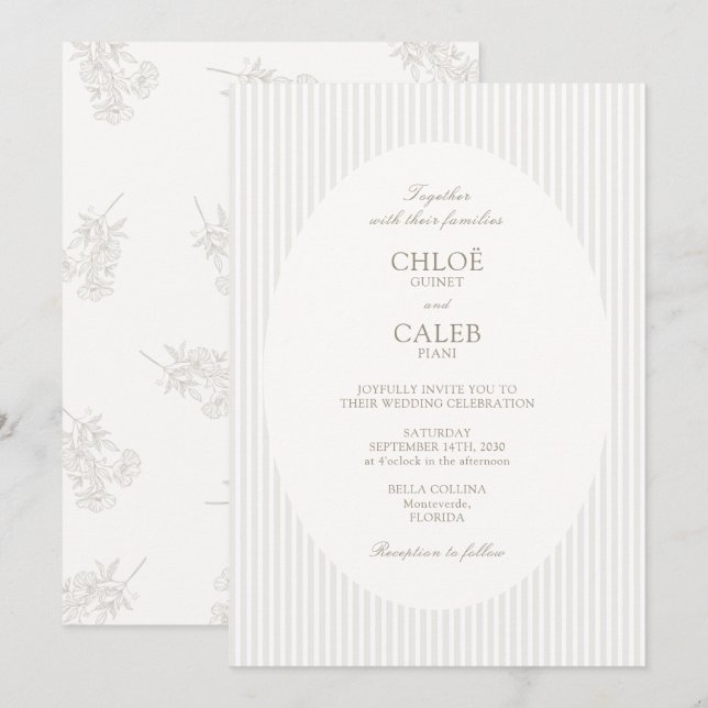 Convite Ivory & Sand | Stripe Botanical Oval Wedding (Frente/Verso)