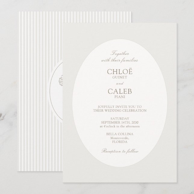 Convite Ivory & Sand | Stripe Botanical Oval Wedding (Frente/Verso)