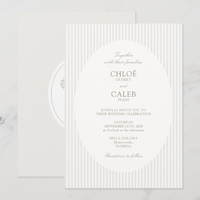 Convite Ivory & Sand | Stripe Botanical Oval Wedding (Frente/Verso)