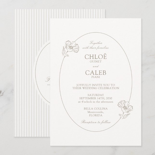 Convite Ivory & Sand | Stripe Floral Wedding (Frente/Verso)