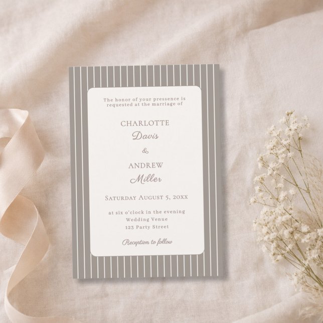 Convite Ivory Taupe Neutral Pinstriped Wedding  (Criador carregado)