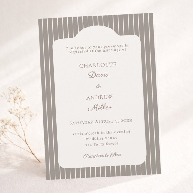 Convite Ivory Taupe Neutral Pinstriped Wedding  (Criador carregado)