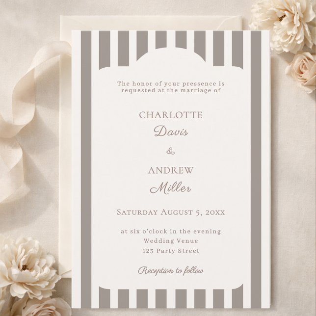 Convite Ivory Taupe Neutral Striped Wedding  (Criador carregado)