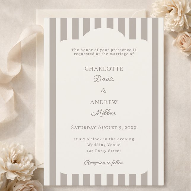 Convite Ivory Taupe Neutral Striped Wedding  (Criador carregado)
