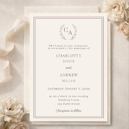 Convite Ivory taupe wreath monogram simple wedding