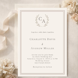 Convite Ivory taupe wreath monogrammed simple wedding