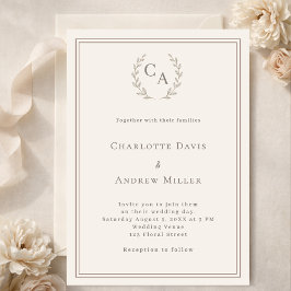 Convite Ivory taupe wreath monogrammed simple wedding 