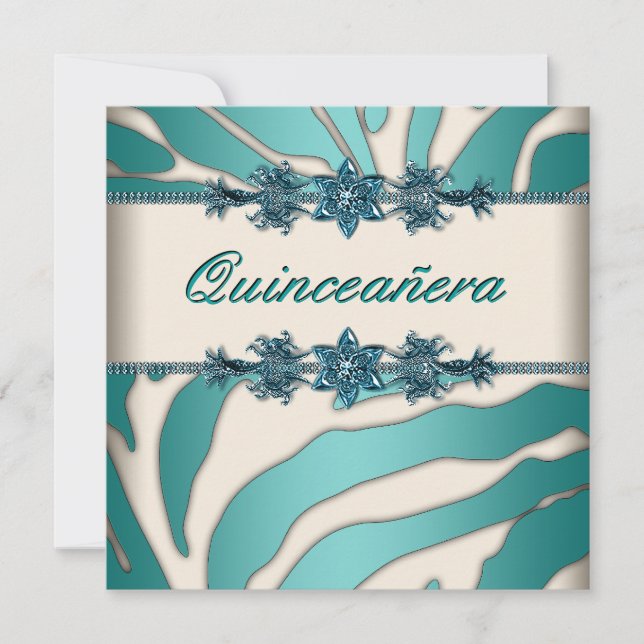 Convite Ivory Teal Blue Zebra Quinceanera (Frente)