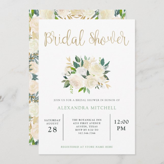 Convite Ivory Watercolor Floral com Dourado | Chá de panel (Frente/Verso)