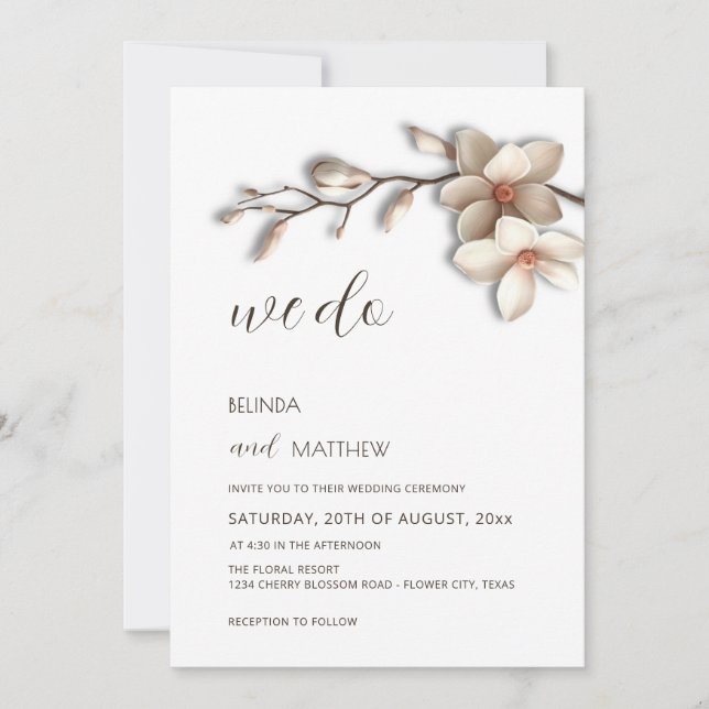 Convite Ivory White 3D Magnolia Flower Wedding (Frente)