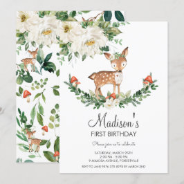 Convite Ivory White Floral Deer Fawn Woodland Aniversário