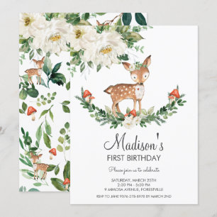 Convite Ivory White Floral Deer Fawn Woodland Aniversário