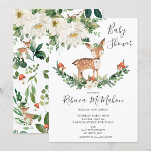 Convite Ivory White Floral Deer Fawn Woodland Chá de frald