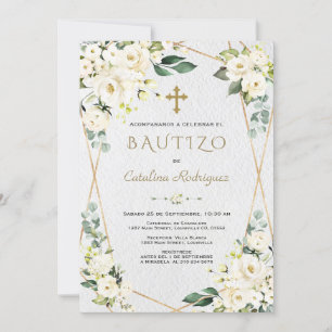Convite Ivory White Floral espanhol Invitation De Bautizo