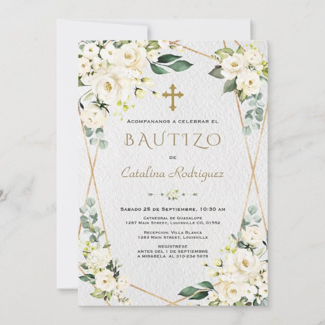 Convite Ivory White Floral espanhola Invitação De Bautizo (Frente)