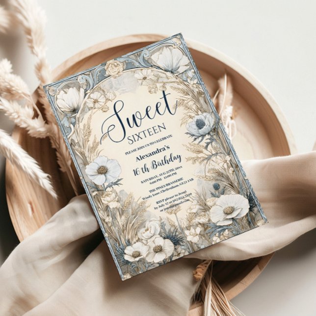 Convite Ivory Wildflower Art Nouveau Sweet Sixteen (Criador carregado)