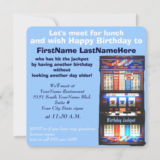 Convite Jackpot do slot machine do almoço do aniversário (Frente)