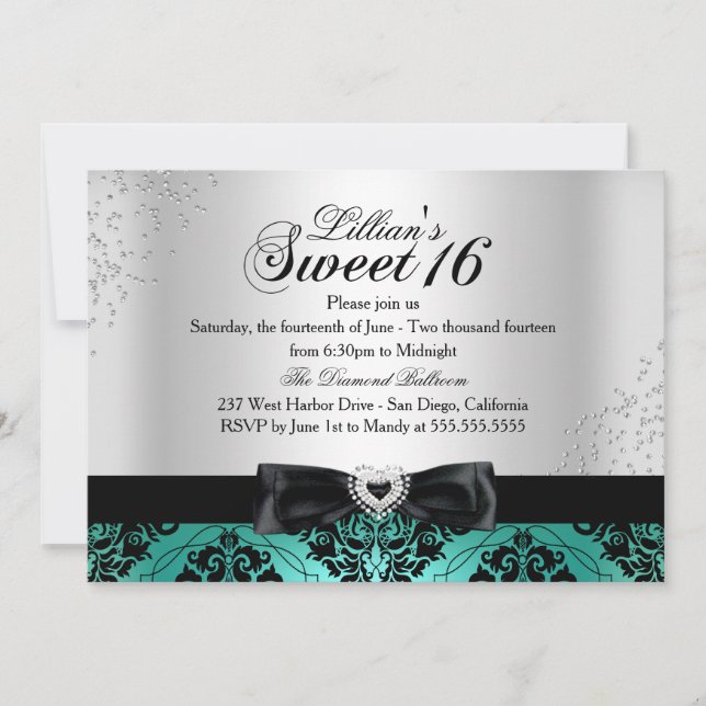 Convite Jade Black Damask Sparkle Sweet 16 (Frente)
