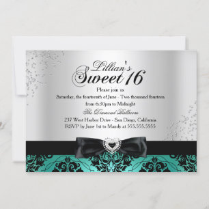 Convite Jade Black Damask Sparkle Sweet 16