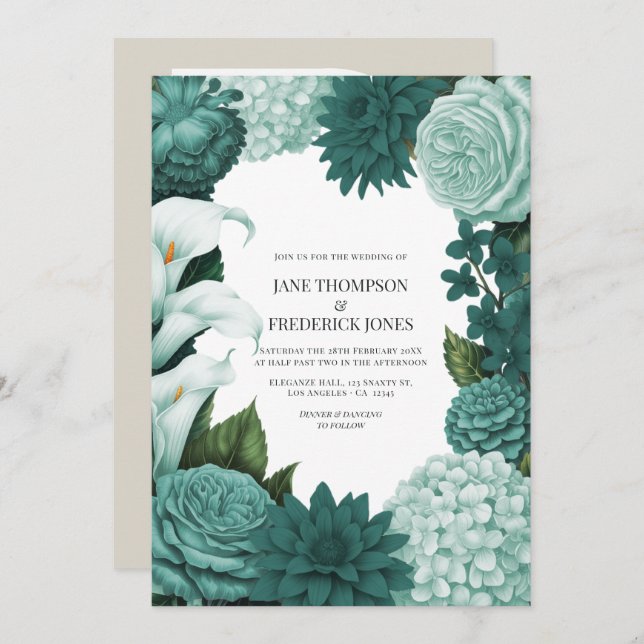 Convite Jade Haze, Alpine Teal & Snow Mint Floral Wedding (Frente/Verso)