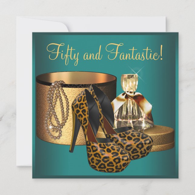 Convite Jade Leopard Douradas Mulheres 50º Aniversário (Frente)