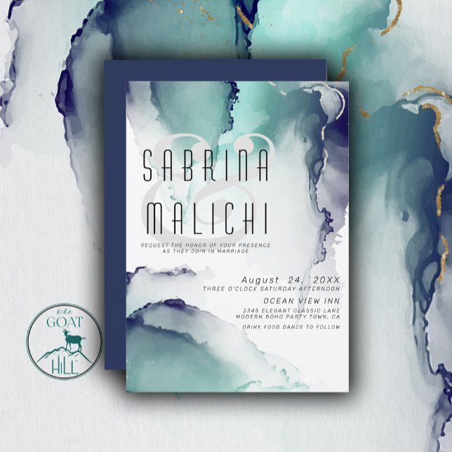 Convite Jade Negrito e Tinta Marinho Azul Moderna de Fluid (Criador carregado)