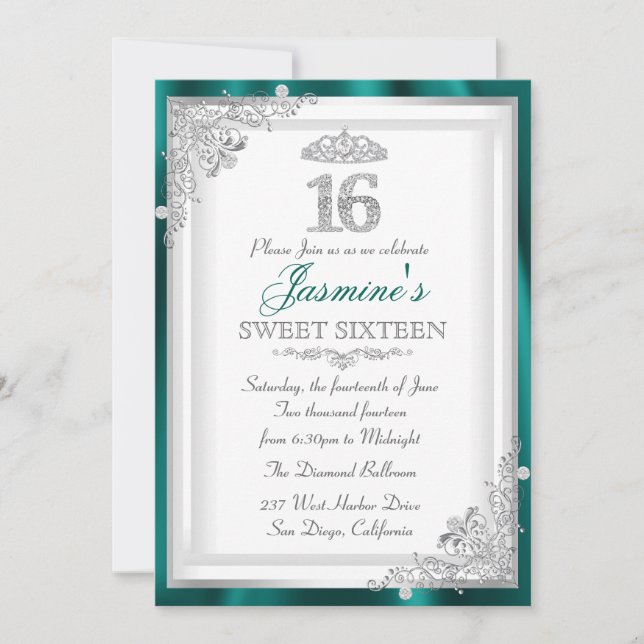 Convite Jade Silver Diamond Damask & Tiara Sweet 16 Invite (Frente)