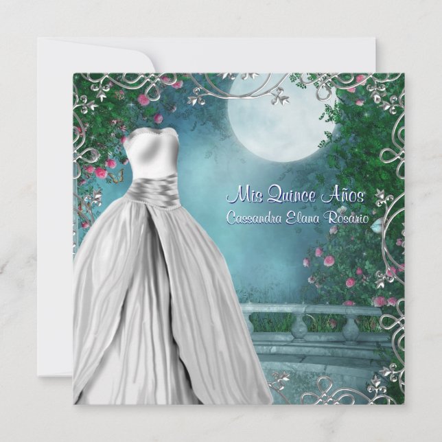 Convite Jade Verde Azul Rosa Rosas Quinceanera (Frente)